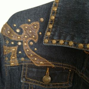 Dg2 embroidered with leather studded jean jacket